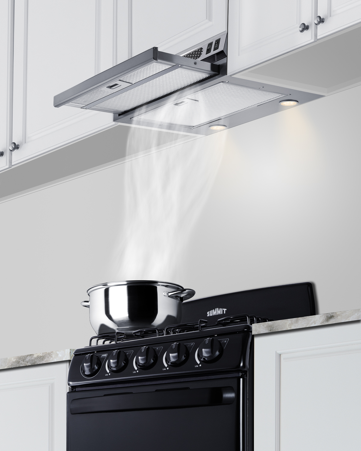 24 inch wide under cabinet retractable range hood for ductless use in stainless steel, made in the USA